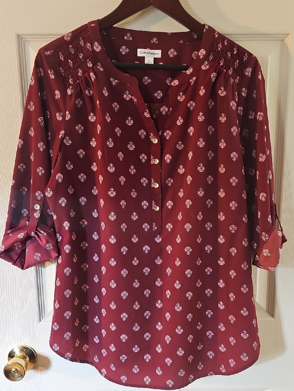 Croft & Barrow Burgundy Floral Print Roll-Tab Tunic
